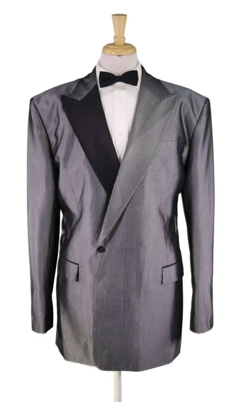 Sidohr Silver Check Silk Double Breasted Formal Masquerade Suit Handmade 44XL